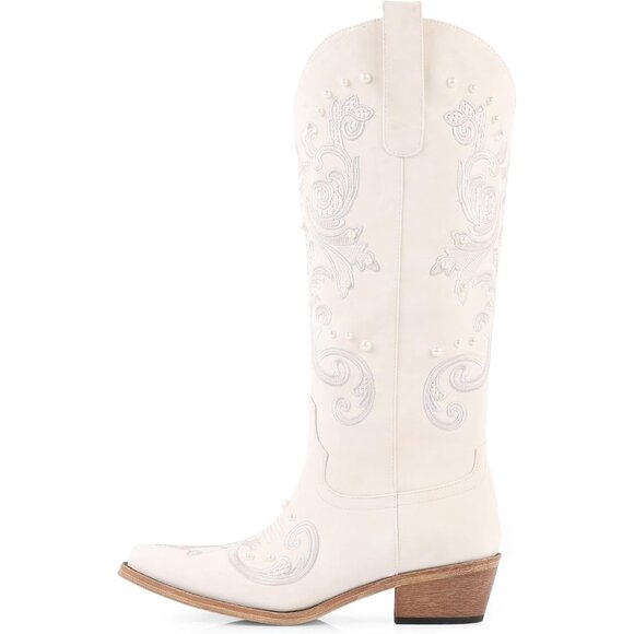 Women White Faux Leather Knee High Classic Embroidered Slip On Chunky Heel - Picture 7 of 7